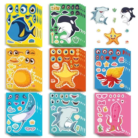 Adesivi Crea il Viso Animali Marini per Bambini Vita Marina Adesivi Puzzle Fai da Te per Bambini Bomboniere Adesivi Educativi in PVC