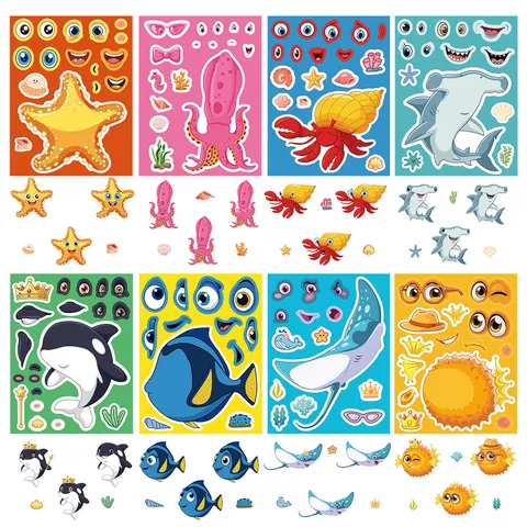 Adesivi Crea il Viso Animali Marini per Bambini Vita Marina Adesivi Puzzle Fai da Te per Bambini Bomboniere Adesivi Educativi in PVC