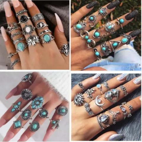 Juego de Anillos de Aleación Turquesa Vintage Bohemio Anillos de Dedo con Flores y Tortugas Talladas Diamantes de Imitación Negros Joyería Étnica