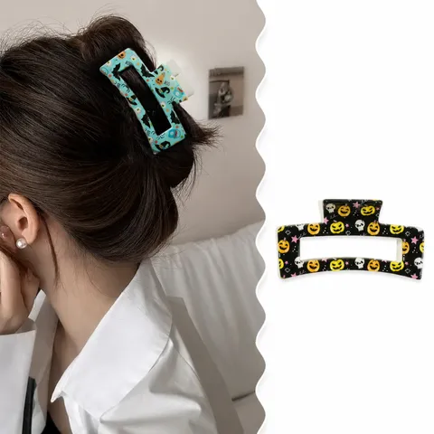 Pinzas de Pelo de Halloween Esqueleto Fantasma Murciélago Calabaza Impresión UV Pinzas Rectangulares de Flor para Mujer Accesorios de Fiesta