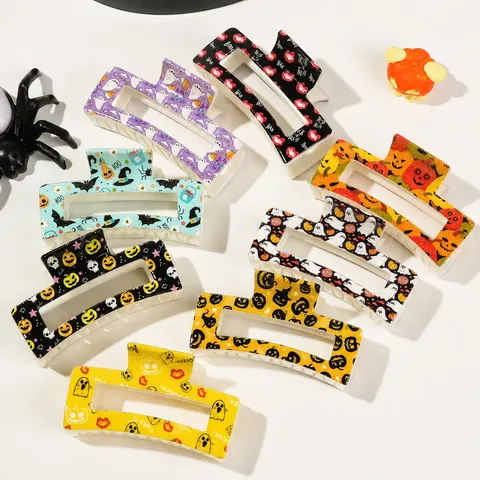 Pinzas de Pelo de Halloween Esqueleto Fantasma Murciélago Calabaza Impresión UV Pinzas Rectangulares de Flor para Mujer Accesorios de Fiesta