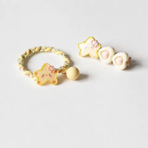 Cute Yellow Star Hair Accessories Set Fabric Acrylic Resin Star Heart Pattern High Elastic Ponytail Holder Handmade Hair Tie And Clip For Women Girls