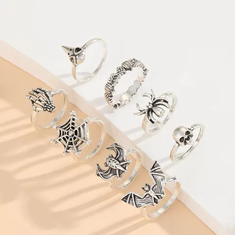Vintage Gothic Alloy Ring Collection For Women Men Punk Skeleton Spider Snake Bat Heart Pattern Dark Style Halloween Jewelry Ring Set