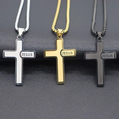 Edelstahl Kreuz Anhänger Halskette Jesus Gravur Gold Silber Schwarz Hip Hop Religiös Trendiger Schmuck Geschenk Täglich