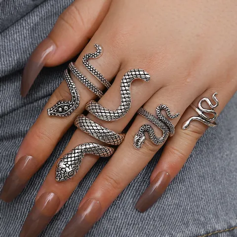 Retro Punk Snake Animal Ring Four Piece Set For Women Men Alloy Antique Gold Silver Snake Wrap Ring Fashion Finger Jewelry Gift