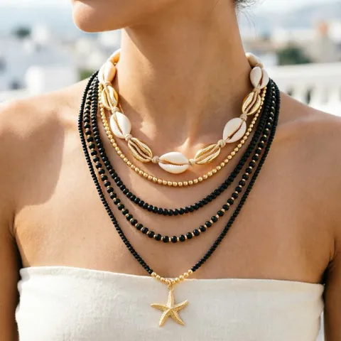 Bohemian Layered Alloy Seed Bead Shell Necklace For Women Gold Starfish Pendant Beach Holiday Beaded Choker Clavicle Chain
