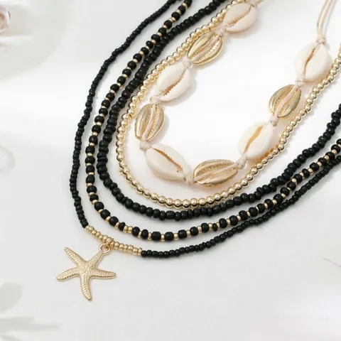 Bohemian Layered Alloy Seed Bead Shell Necklace For Women Gold Starfish Pendant Beach Holiday Beaded Choker Clavicle Chain
