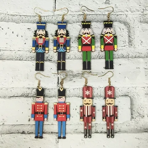 Boucles d'Oreilles Pendantes Soldat Casse-Noisette en Bois Noël pour Femme Bijoux de Fête Noël