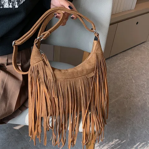 Bohemian Faux Suede Tassel Crossbody Bag For Women Vintage Saddle Shoulder Bag With Long Fringe Street Style Purse