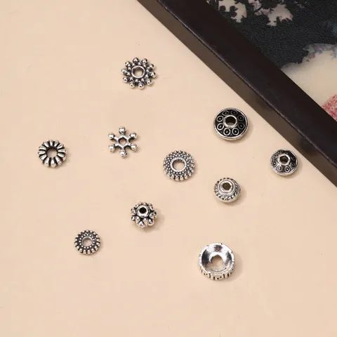 Cuentas Espaciadoras de Aleación de Plata Tibetana Retro Patrón Geométrico Rueda Plana Redonda Cuentas Sueltas Para Bricolage Pulsera Budista Collar Joyería Accesorio
