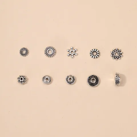 Cuentas Espaciadoras de Aleación de Plata Tibetana Retro Patrón Geométrico Rueda Plana Redonda Cuentas Sueltas Para Bricolage Pulsera Budista Collar Joyería Accesorio