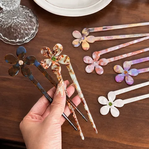 Vintage Acetate Flower Hair Stick For Women Minimalist Rhinestone U-Shaped Hairpin Retro Hair Accessories Styling Tool Gift