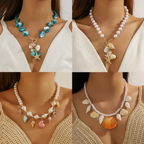 Collana con Ciondolo a Forma di Stella Marina in Conchiglia di Perle Artificiali Orizzonte Estivo Gioielli Charms per Donna Festa Vacanza