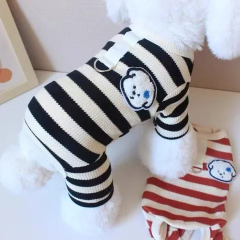 Combinaison à Quatre Pattes pour Animaux Rayée Pyjama Respirant pour Chien Avec Anneau en D de Traction Vêtements de Maison Petit Chien Body Rayé Chiot
