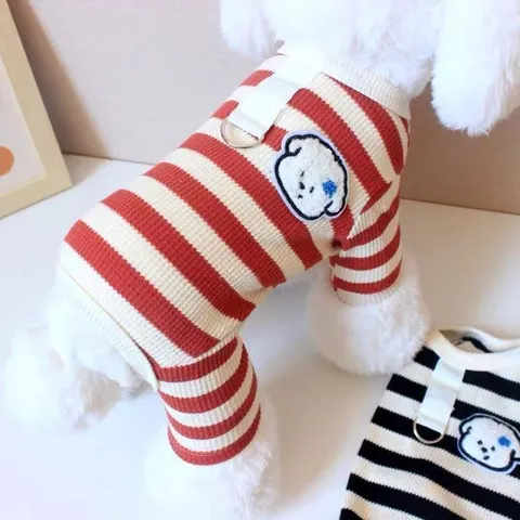 Combinaison à Quatre Pattes pour Animaux Rayée Pyjama Respirant pour Chien Avec Anneau en D de Traction Vêtements de Maison Petit Chien Body Rayé Chiot