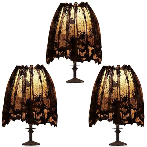 Halloween Black Lace Spider Web Bat Pattern Lampshade Topper Tablecloth Runner Gothic Festive Party Home Mantle Scarf Decor