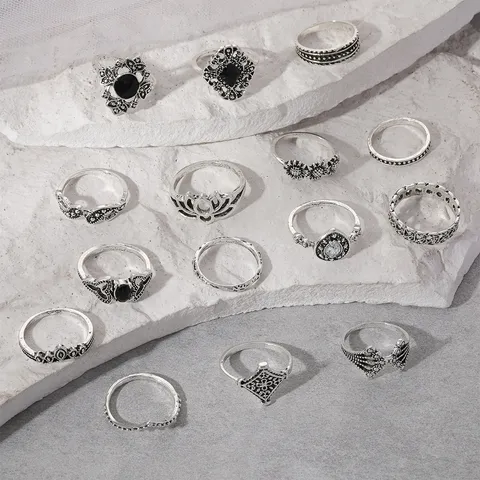 Ensemble de 15 Bagues Bohème Rétro Argent Antique Lotus pour Femmes Fleur Ethnique Géométrique Strass Pierre Noire Bagues Bijoux