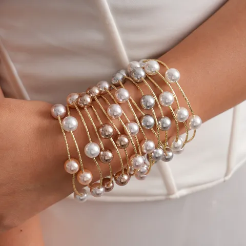 Pulsera Multihilo Retro De Cobre Chapado En Oro De 14K Con Perlas Artificiales Para Mujer Joya De Moda Hecha a Mano Elegante