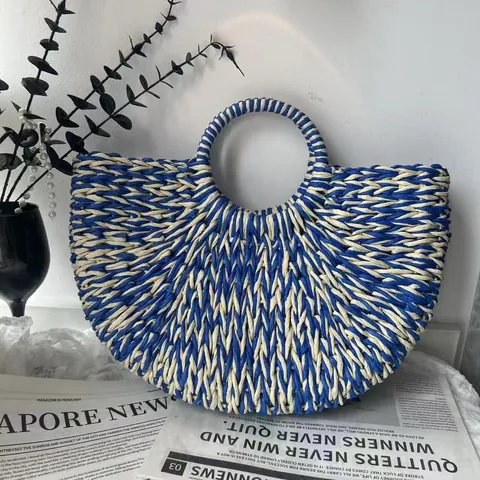Dames Handgeweven Papierkoord Stro Tas Half Rond Kleurblok Zomer Strand Handtas Pastorale Stijl Casual Reizen Tote Tas
