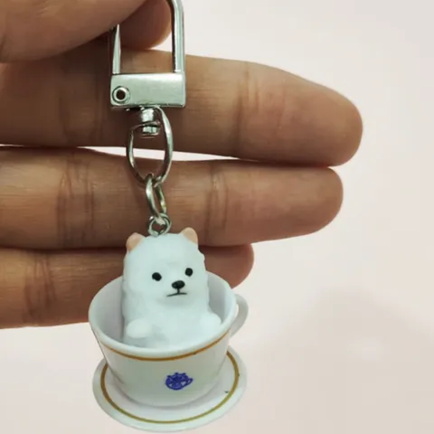 Mini Teacup Dog Figurine Keychain Plastic Coffee Cup Puppy Miniature Statue For Desktop Cake Decoration Gift For Dog Lovers