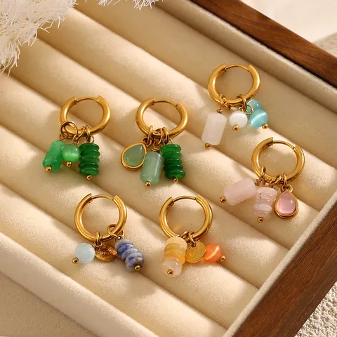 Retro Stainless Steel Natural Stone Hoop Earrings For Women Light Luxury Gold Plated Geometric Pendant Drop Earrings Jewelry Gift