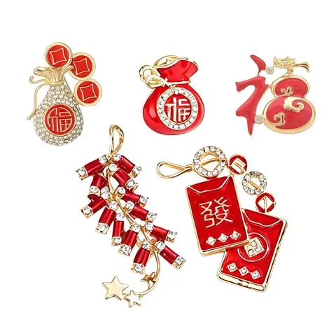 Festive Red Alloy Rhinestone Lucky Bag Firecracker Brooch For Men Women New Chinese Style Enamel Suit Lapel Pin Jewelry Gift Accessories