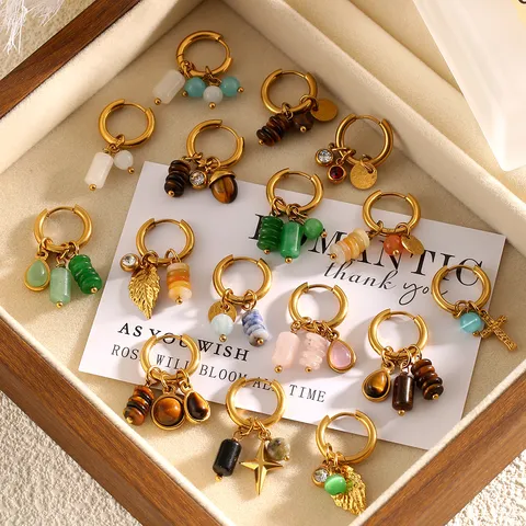 Retro Stainless Steel Natural Stone Hoop Earrings For Women Light Luxury Gold Plated Geometric Pendant Drop Earrings Jewelry Gift