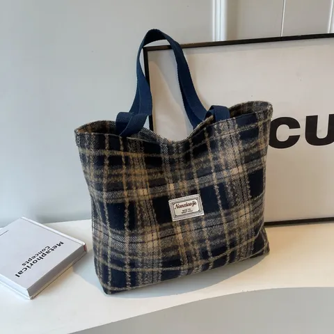 Große Kapazität Karo Wollstoff Tote Bag Für Damen Retro Schultertasche Handtasche Hochwertiges Gefühl Pendeln Herbst Winter Tasche