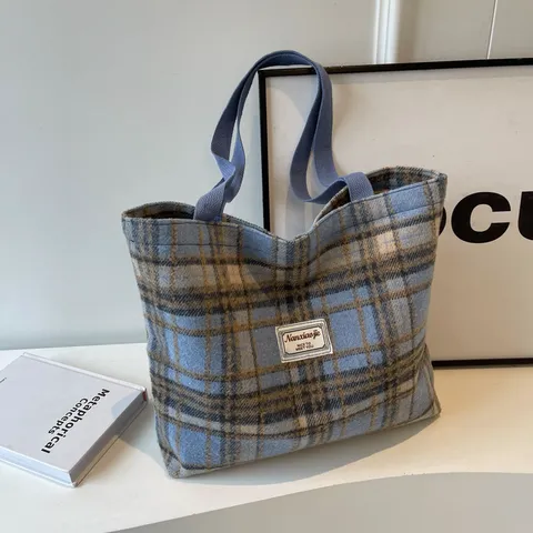 Große Kapazität Karo Wollstoff Tote Bag Für Damen Retro Schultertasche Handtasche Hochwertiges Gefühl Pendeln Herbst Winter Tasche