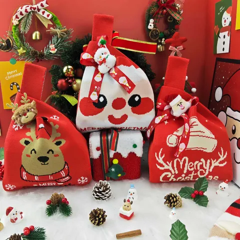 Christmas Knitted Gift Bag Handbag Santa Claus Snowman Reindeer Pattern Festive Candy Bag Party Favor For Kids Polyester Tote