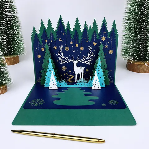 3D Pop-up Christmas Greeting Cards Creative Laser Cut Deer Forest Christmas Tree Handmade Paper Cards For Holiday Festival Gift