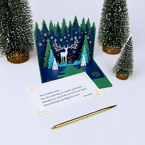 3D Pop-up Christmas Greeting Cards Creative Laser Cut Deer Forest Christmas Tree Handmade Paper Cards For Holiday Festival Gift
