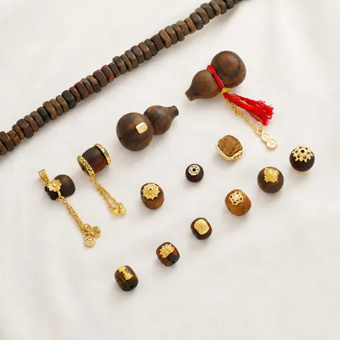 Ethnic DIY Jewelry Accessories Set Natural Agarwood Ebony Wood Beads Spacers Gold Plated Copper Tassel Gourd Charms Retro Handmade Supplies