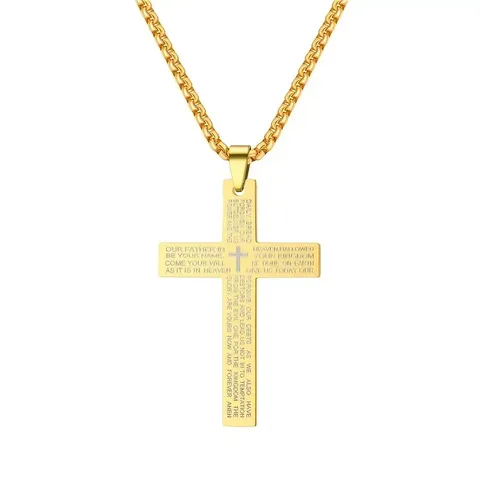 Collana con Ciondolo a Croce in Acciaio Inossidabile per Uomo Donna Religiosa Incisa con il Padre Nostro Gioiello Punk