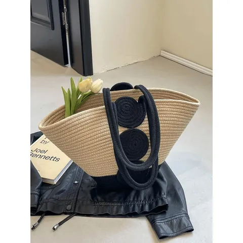 Women Large Capacity Straw Woven Tote Bag Commuter Stylish Color Block Shoulder Bag With PU Handles Round Ring Decor Beach Bag