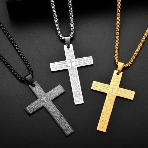 Collana con Ciondolo a Croce in Acciaio Inossidabile per Uomo Donna Religiosa Incisa con il Padre Nostro Gioiello Punk