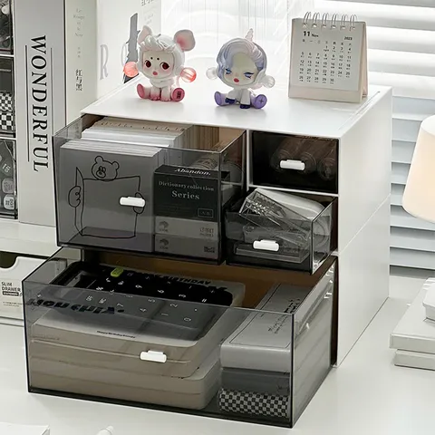 Boîte de Rangement Tiroir de Bureau en Acrylique Transparent Anti-poussière Organisateur de Papeterie Cabinet de Rangement Cosmétique Simple Moderne Empilable