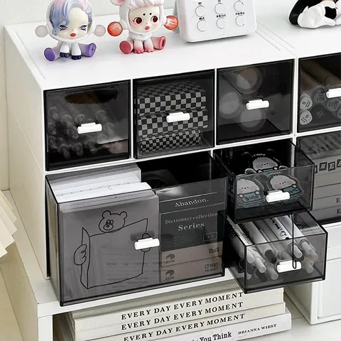 Boîte de Rangement Tiroir de Bureau en Acrylique Transparent Anti-poussière Organisateur de Papeterie Cabinet de Rangement Cosmétique Simple Moderne Empilable