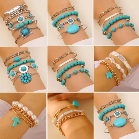 Bracelets Bohèmes Vintage Ethniques Turquoise Pour Femmes Alliage Argent Antique Géométrique Feuille Tournesol Charme Bijoux Main Cadeau