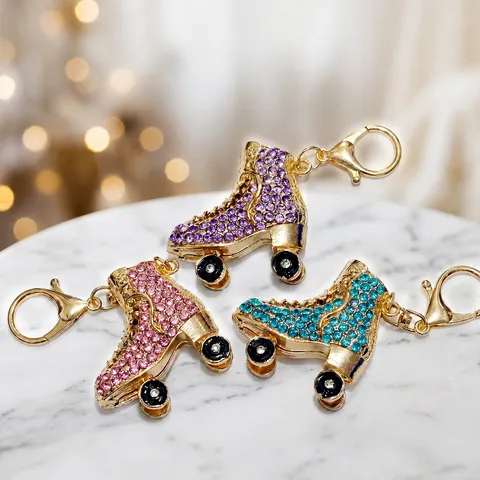 Fashion Rhinestone Roller Skate Keychain Metal 3D Double Sided Sliding Wheels Car Key Ring Bag Pendant Accessory Gift For Women
