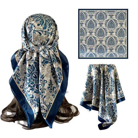 Dames Vintage Bloemenprint Satijnen Vierkante Sjaal Groot 90cm Hoofddoek Zijdeachtige Polyester Sjaal Voor Elegante Haaraccessoires