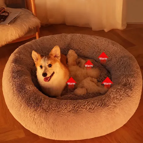 Round Plush Pet Bed For Cats And Small Medium Large Dogs Soft Long Plush Donut Cuddler Warming Calming Pet Sofa Cushion