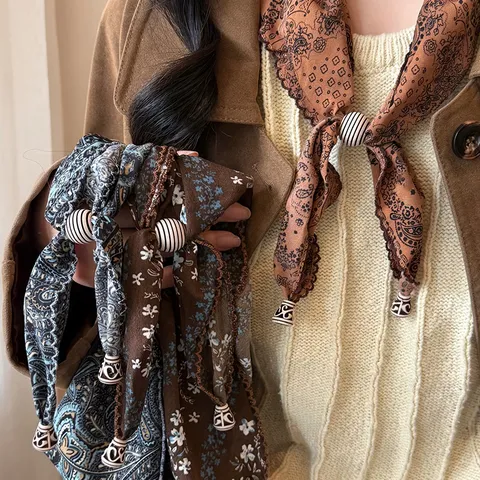 Vintage Schal Halskette Mit Paisley-Druck Aus Chiffon Für Damen Retro Harzperle Halstuch Herbst Winter Mode Accessoire