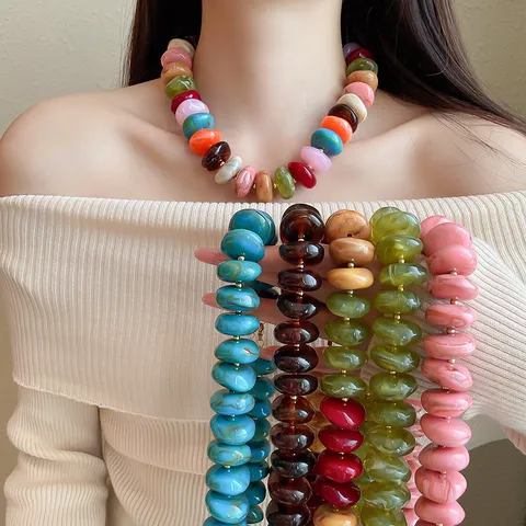 European American Acrylic Beaded Necklace Round Marble Smudge Design Clavicle Chain For Women Fashion Versatile Alloy Jewelry