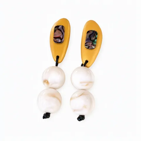 Vintage Wood Resin Round Tassel Stud Earrings For Women Handmade Orange Resin Shell Inlay Marble Texture Beads Drop Earrings