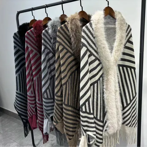 Women Faux Fur Collar Striped Fringe Knitted Shawl Cape Fashionable Autumn Winter Warm Tassel Poncho Wrap Scarf Outerwear