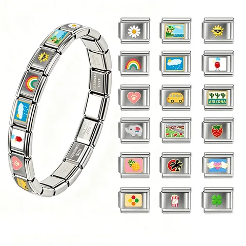 Minimalist Stainless Steel Italian Modular DIY Charm Bracelet Enamel Daisy Clover Pattern Elastic Link Bracelet For Men Women Personalized Jewelry