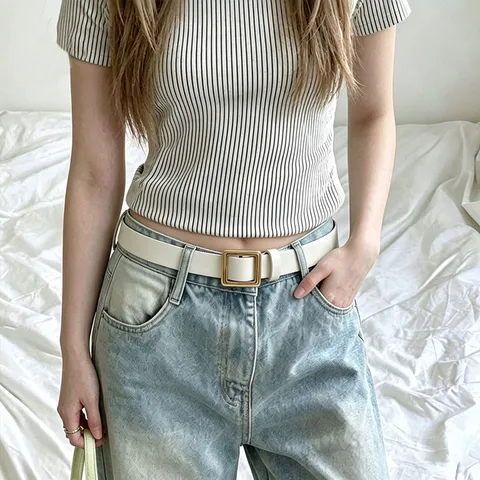 Damen PU Leder Hüftgürtel Mit Goldener Quadratischer Legierung Dornschließe Minimalistischer Weißer Dünner Gürtel Für Jeans Modeaccessoire