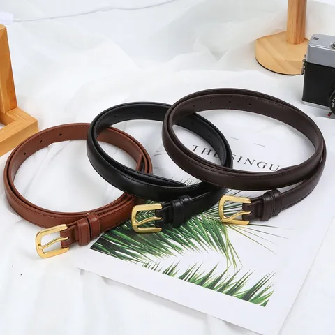 Damen Retro Schmaler PU-Ledergürtel Goldene Legierung Dornschließe Dekorativer Taillengürtel Für Jeans Kleider Modeaccessoire
