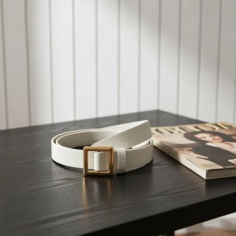 Damen PU Leder Hüftgürtel Mit Goldener Quadratischer Legierung Dornschließe Minimalistischer Weißer Dünner Gürtel Für Jeans Modeaccessoire